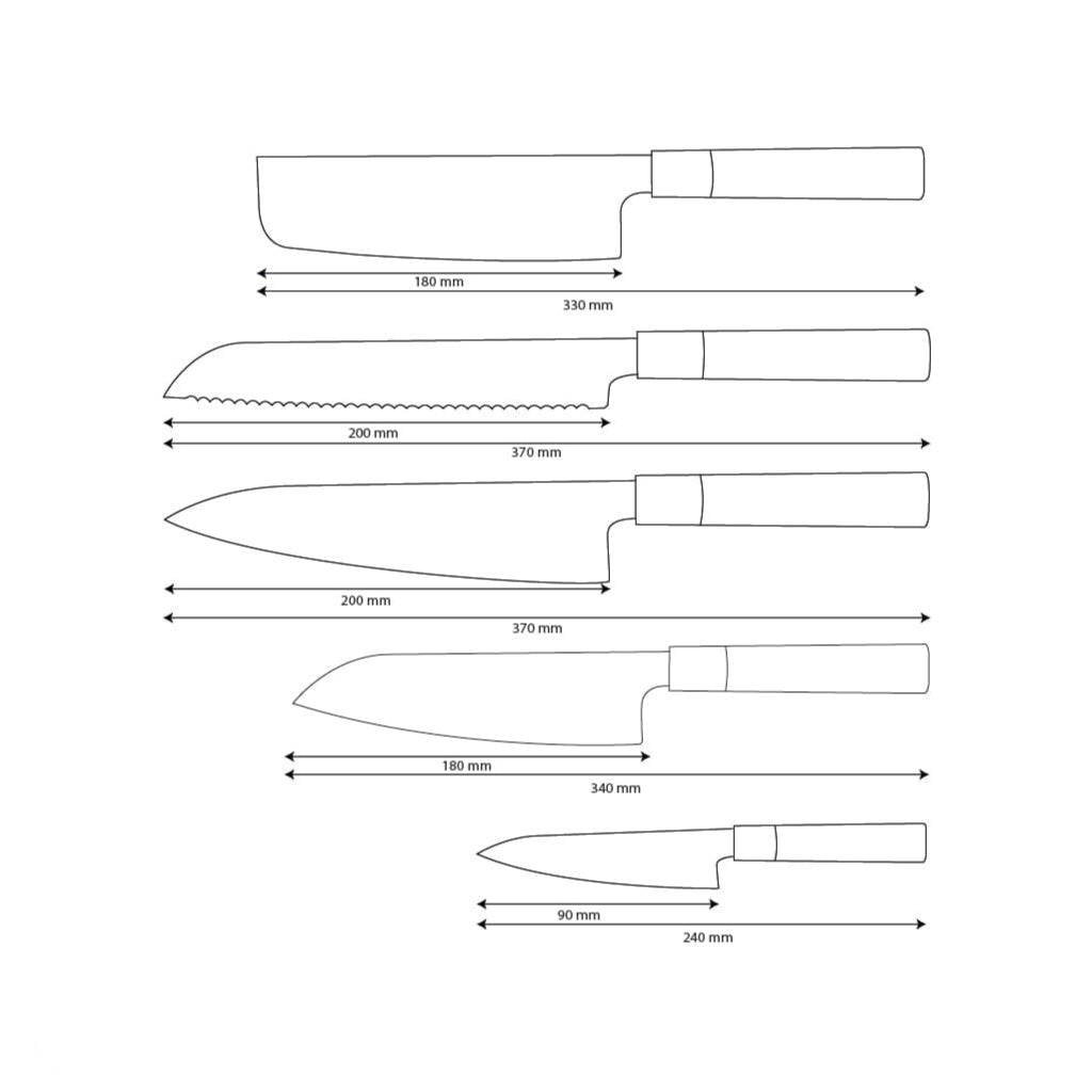 Shinrai Knives - Ensemble de couteaux Damas 5 pièces Takumi Kaza - Couteau de chef + Couteau à pain + Nakiri + Santoku + Couteau d'office
