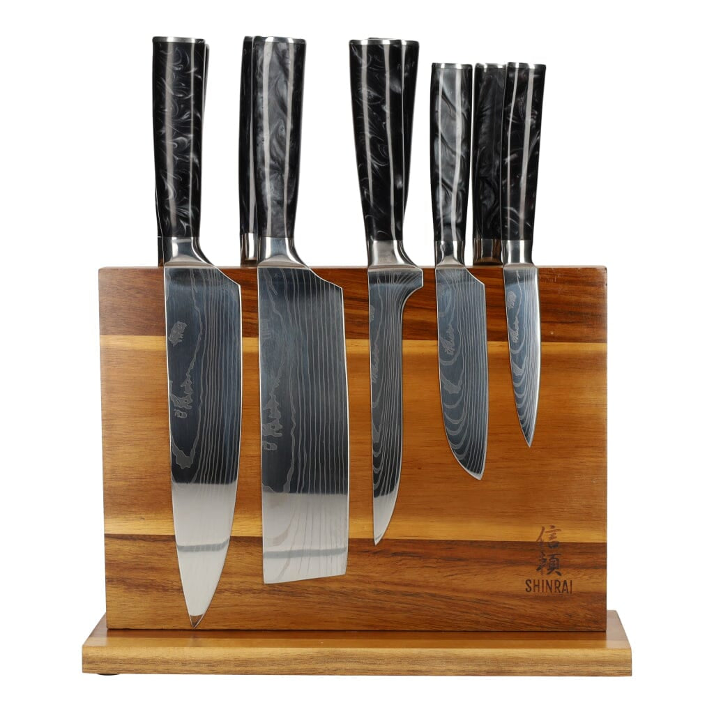 Epoxy Onyx Damascus Print 9-Delige Messenset + Messenblok Messenset met blok Shinrai Japan