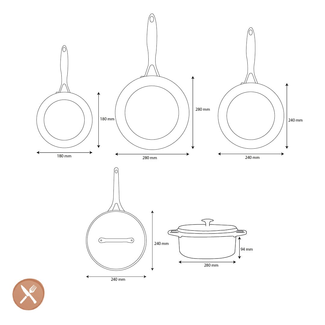 Batterie de cuisine GreenPan - Geneva XL 6 pièces (18/24/24/28/28 cm) : 2 poêles à frire, 1 cocotte avec couvercle, 1 wok et 1 plat à gratin.