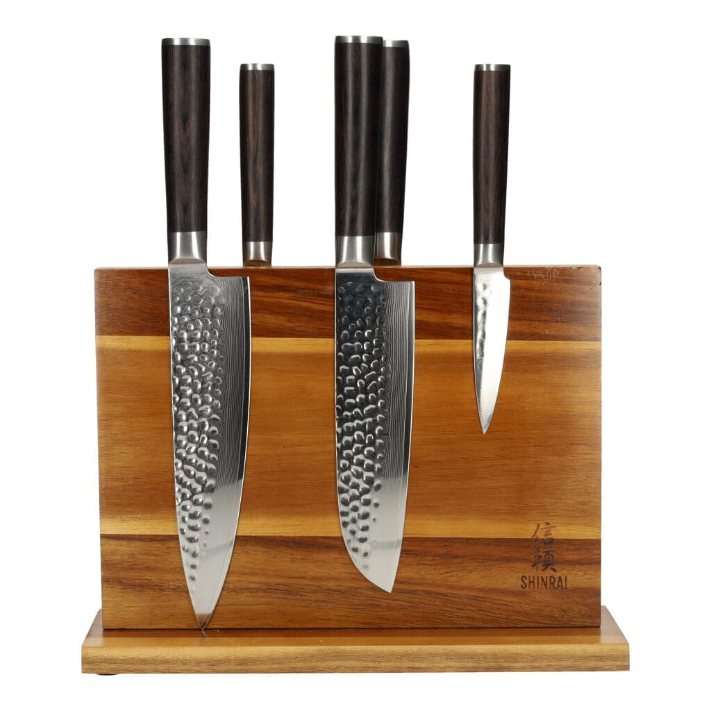 Hammered Damast BR 5-Delige Messenset + Magnetisch Messenblok Dubbelzijdig Messenset met blok Shinrai Knives