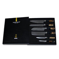 Shinrai Japan - Epoxy Onyx 6-delige Damascus Messenset + Magnetisch Messenblok Dubbelzijdig - Zwart Messenset met blok Shinrai Japan