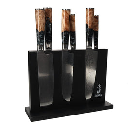 Shinrai Knives - Epoxy Onyx 6-piece Damascus Knife Set + Magnetic Knife Block Double-Sided - Black Shinrai Japan - Epoxy Onyx 6-delige Damascus Messenset + Magnetisch Messenblok Dubbelzijdig - Zwart Messenset met blok Shinrai Japan