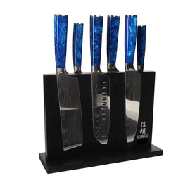 Shinrai Japan - Ensemble de couteaux 6 pièces en époxy saphir damas + bloc de couteaux magnétique double face - Noir Bezig met laden...