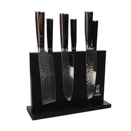 Shinrai Knives - Hammered Stainless Steel 6-Piece Knife Set + Magnetic Knife Block Double-Sided - Black Shinrai Japan - Hammered RVS 6-delige Messenset + Magnetisch Messenblok Dubbelzijdig - Zwart Messenset met blok Shinrai Japan