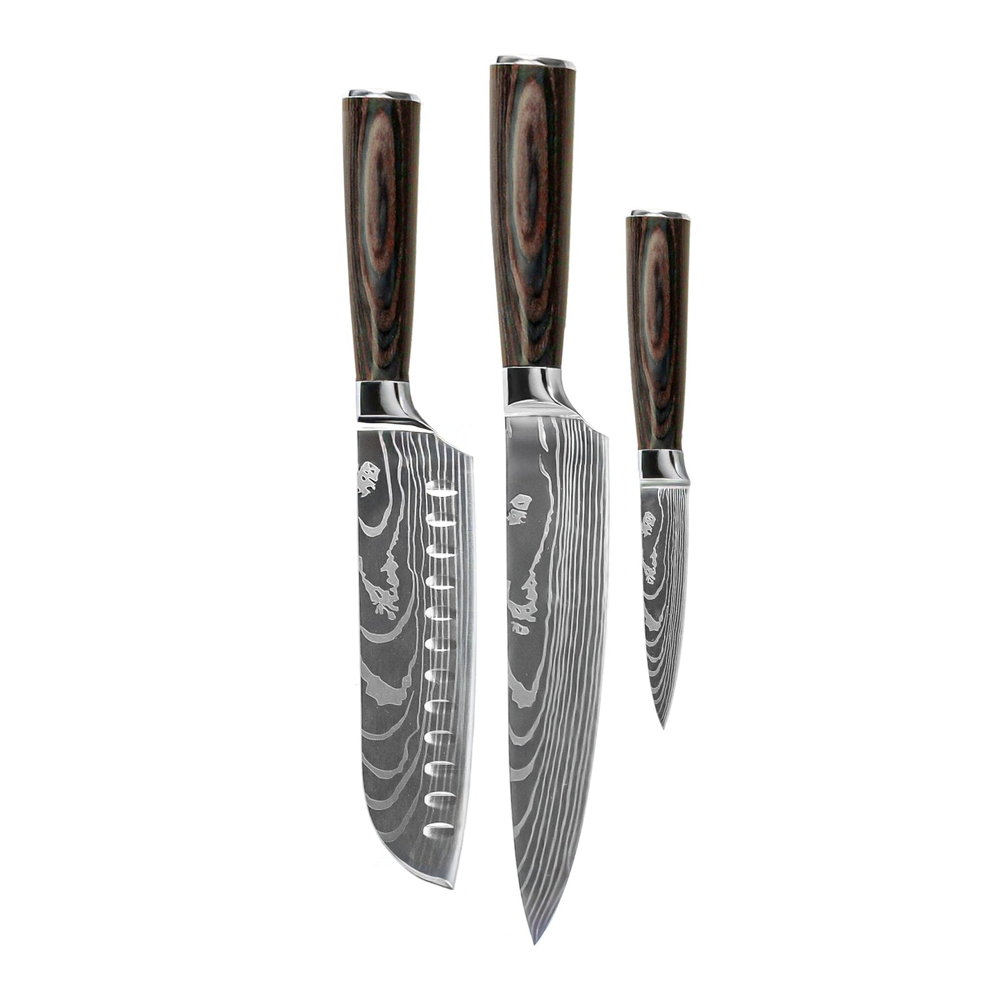 Shinrai Knives - Damascus Print 3-delige Messenset - Koksmes + Santoku + Schilmes Messenset Shinrai Knives
