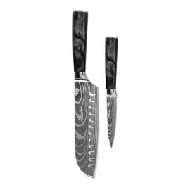 Couteaux Shinrai - Ensemble de 2 couteaux en résine époxy et onyx imprimé Damas - Santoku + couteau d'office Shinrai Knives - Damascus Print Epoxy Onyx 2-delige Messenset - Santoku + Schilmes Messenset Shinrai Knives