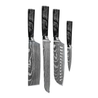 Shinrai Knives - Damascus Print Epoxy Onyx 4-delige Messenset - Santoku + Broodmes + Nakiri + Schilmes Messenset Shinrai Knives