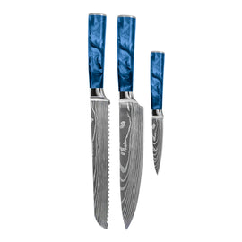 Couteaux Shinrai - Ensemble de 3 couteaux en résine époxy et saphir imprimé Damas - Couteau de chef, couteau à pain et couteau d'office Shinrai Knives - Damascus Print Epoxy Sapphire 3-delige Messenset - Koksmes + Broodmes + Schilmes Messenset Shinrai Knives