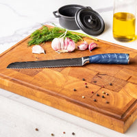 Couteaux Shinrai - Coffret de 4 couteaux en résine époxy saphir à motif damassé - Couteau de chef + Couteau à pain + Nakiri + Couteau d'office