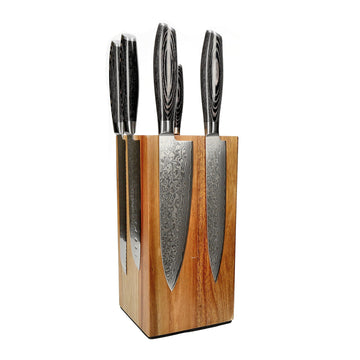 Shinrai Knives - Damast Pakka Wood 6-delige Messenset + Messenblok Rotate Messenset met blok Shinrai Knives