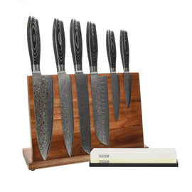 Shinrai Knives - Damask Pakka Wood 6-Piece Knife Set + Knife Block + Sharpening Stone Shinrai Knives - Damast Pakka Wood 6-delige Messenset + Messenblok + Slijpsteen Messenset met blok en slijpsteen Shinrai Knives