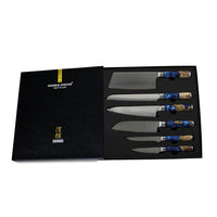 Shinrai Knives - Epoxy Sapphire 6-delige Damascus Messenset + Magnetisch Messenblok Scalae - Acacia hout Messenset met blok Shinrai Knives
