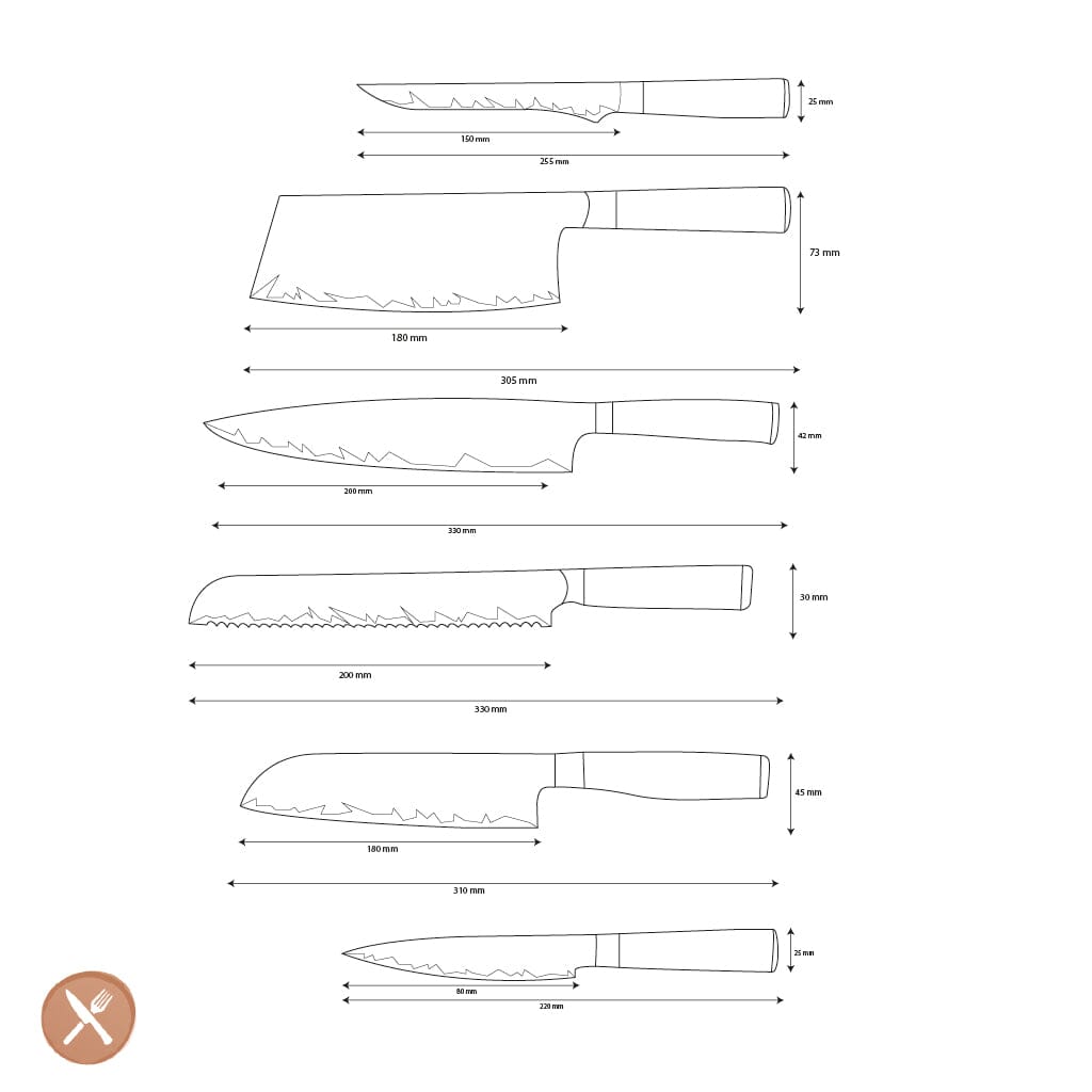 Shinrai Knives - Epoxy Sapphire 6-delige Damascus Messenset Messenset Shinrai Knives