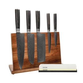 Shinrai Knives - Hammered Damask BR 5-Piece Knife Set + Knife Block + Sharpening Stone Shinrai Knives - Hammered Damast BR 5-delige Messenset + Messenblok + Slijpsteen Messenset met blok en slijpsteen Shinrai Knives