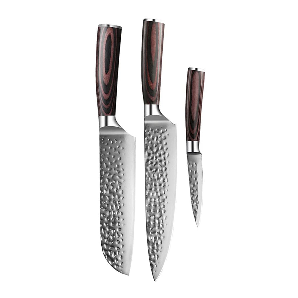 Shinrai Knives - Hammered RVS 3-delige Messenset - Koksmes + Santoku + Schilmes Messenset Shinrai Knives