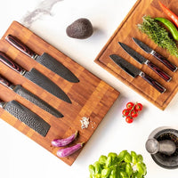 Couteaux Shinrai - Coffret de 6 couteaux en acier inoxydable martelé + bloc à couteaux - Coffret de couteaux rotatifs avec bloc - Couteaux Shinrai