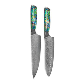 Shinrai Knives - Ensemble de 2 couteaux Damas en nacre - Couteau de chef + Couteau Santoku Shinrai Knives - Parelmoer Jewels 2-delige Damascus Messenset - Koksmes + Santoku mes Messenset Shinrai Knives