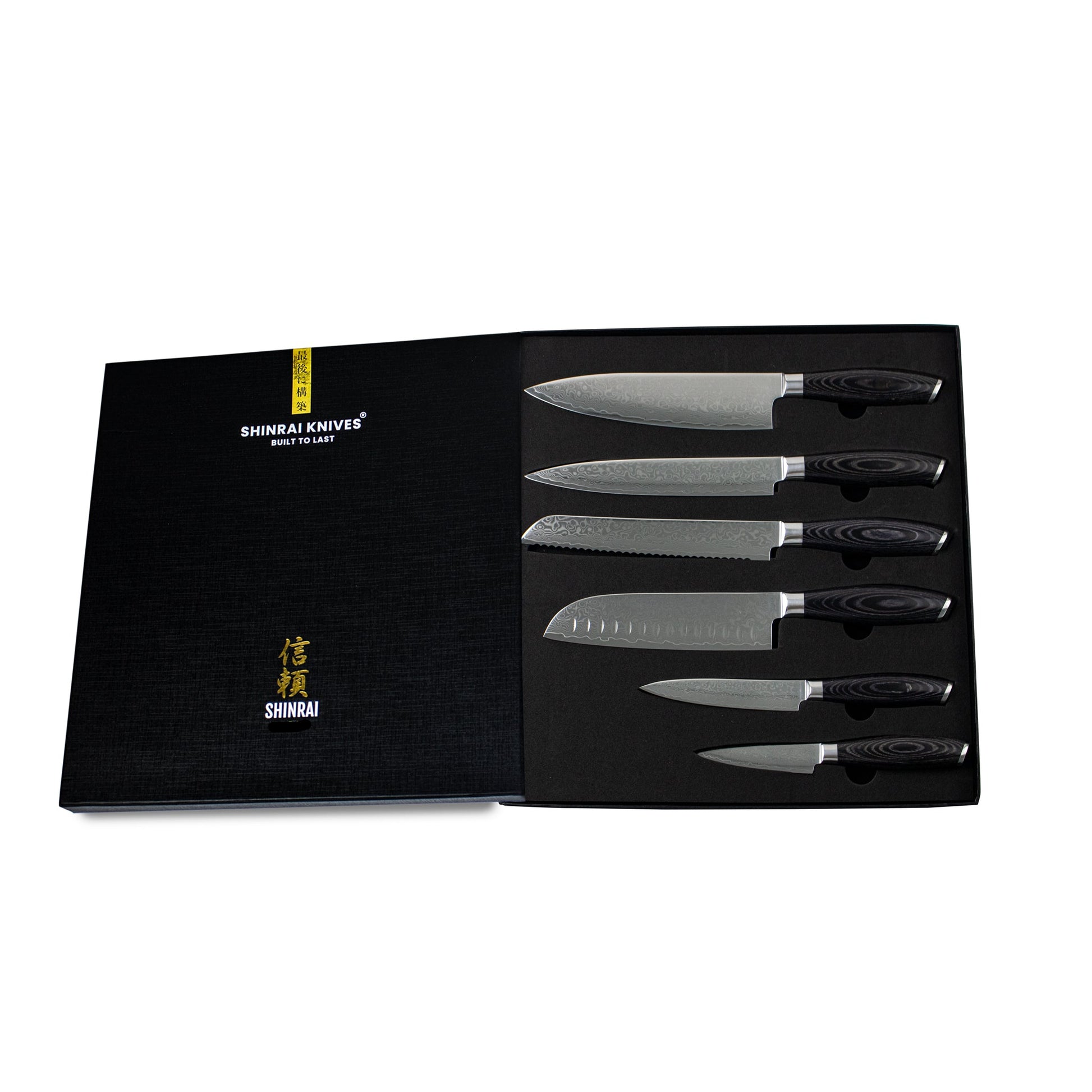 Damast Pakka Wood Series - 6-delige messenset + Acacia houder enkelzijdig Shinrai Japan