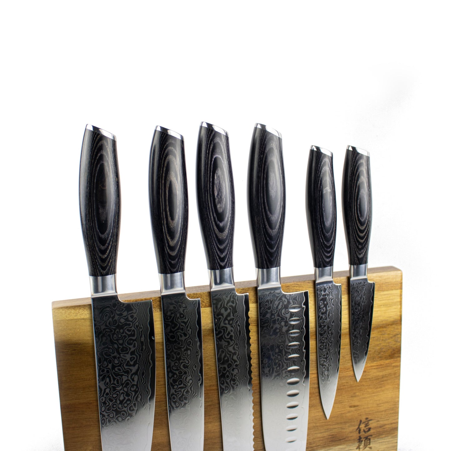 Damast Pakka Wood Series - 6-delige messenset + Acacia houder enkelzijdig Shinrai Japan