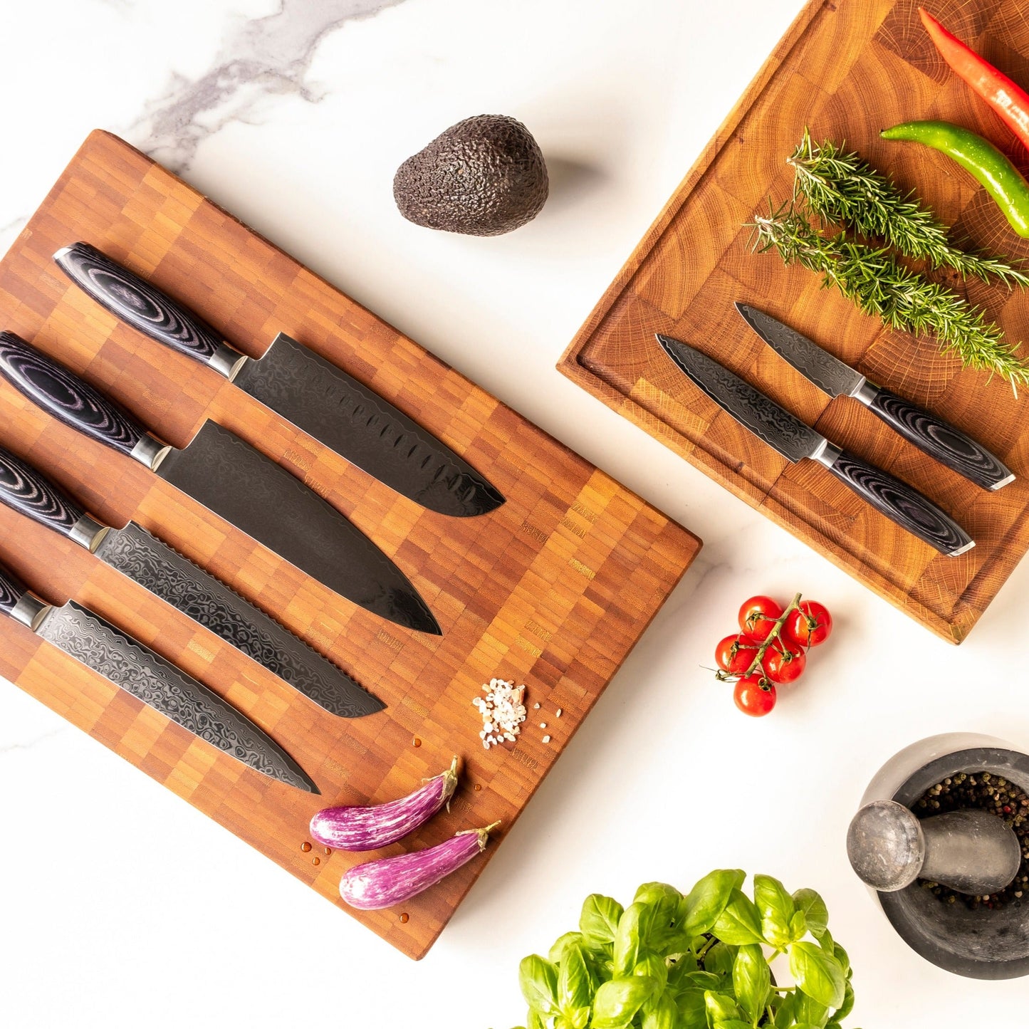 Damast Pakka Wood Series - 6-delige messenset + Acacia houder style 1 Shinrai Japan