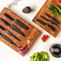 Messenset Damascus print 5 delig + Acacia Houder Enkelzijdig Keukenmessen Shinrai Japan