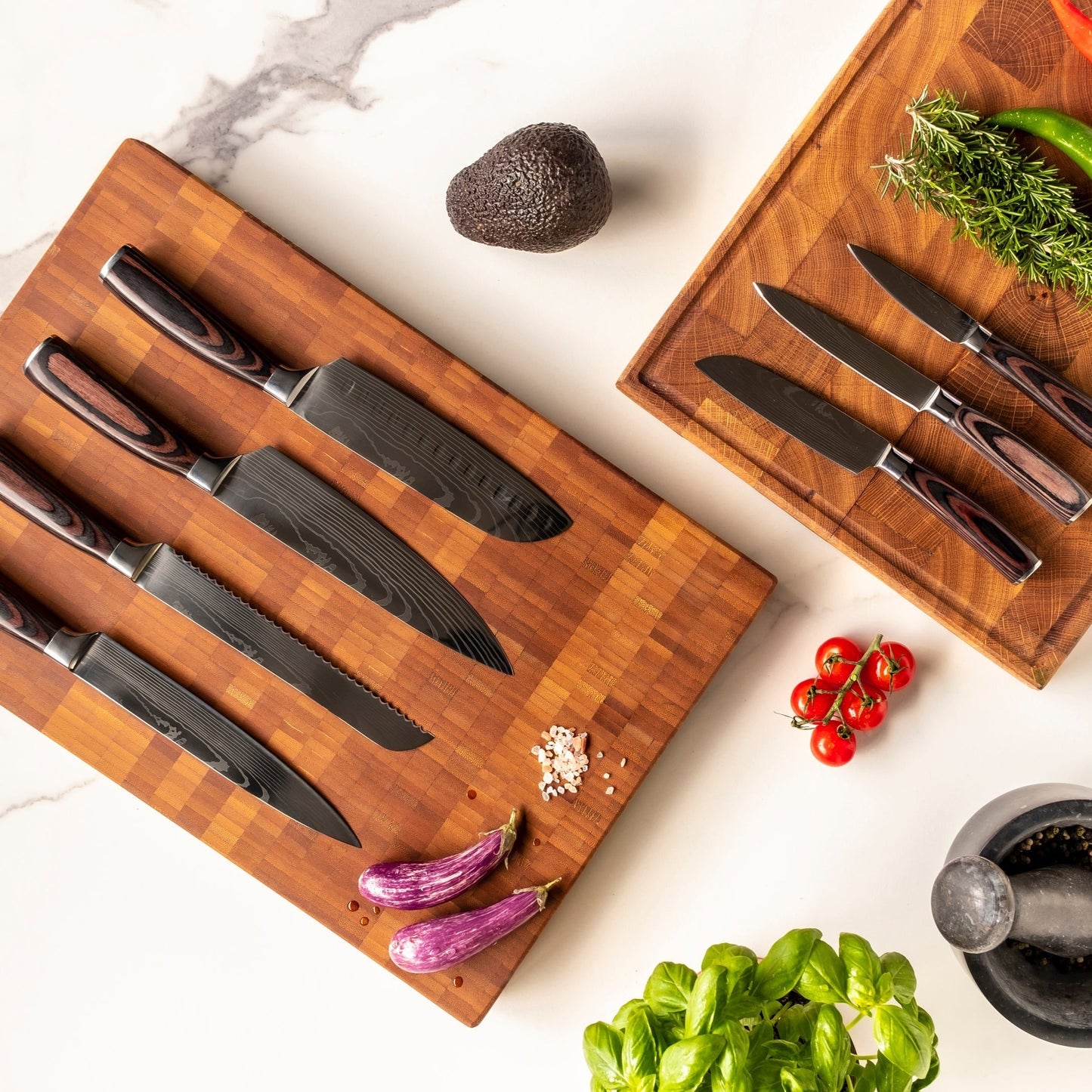 Messenset Damascus print 7-delig + Acacia Houder Dubbelzijdig Messensets Shinrai Japan