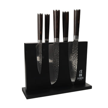 Shinrai Japan - Hammered Damask BR 5-piece Knife Set + Magnetic Knife Block Double Sided - Black