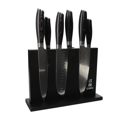 Shinrai Japan - Damask Pakka Wood 6-piece Knife Set + Magnetic Knife Block Double-Sided - Black