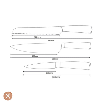 Shinrai Knives - Hammered Stainless Steel 3-Piece Knife Set - Chef's Knife + Bread Knife + Paring Knife
