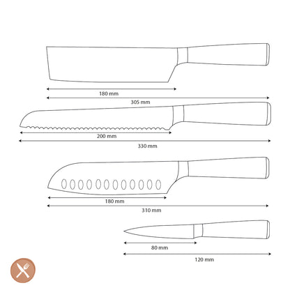 Couteaux Shinrai - Ensemble de 4 couteaux imprimés Damas - Santoku + Couteau à pain + Couteau Nakiri + Couteau d&#39;office