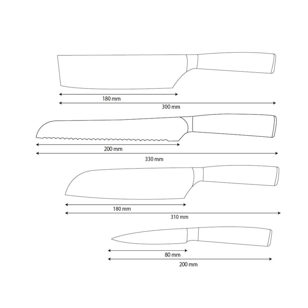 Shinrai Knives - Ensemble de 4 couteaux en acier inoxydable martelé - Santoku + Couteau à pain + Nakiri + Couteau d'office