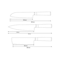 Shinrai Knives - Ensemble de 3 couteaux en damas martelé BR - Couteau de chef + Nakiri + Santoku