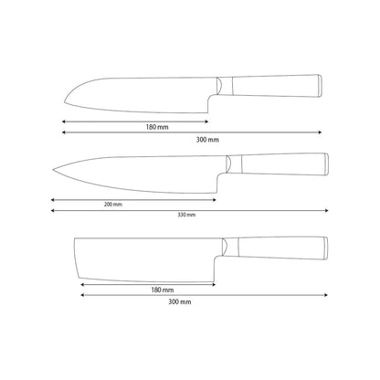 Shinrai Knives - Ensemble de 3 couteaux en damas martelé BR - Couteau de chef + Nakiri + Santoku