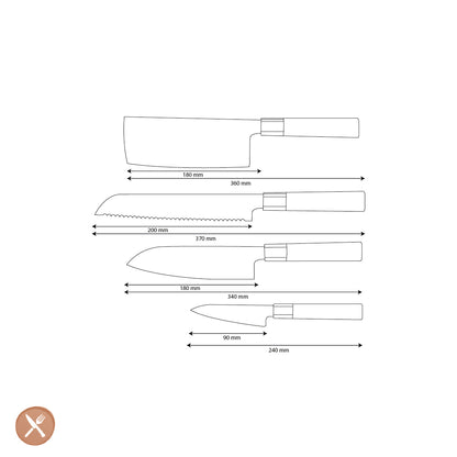 Shinrai Knives - Kurayami 4-piece Damascus Knife Set - Santoku + Bread Knife + Nakiri + Paring Knife