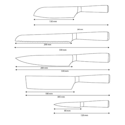 Shinrai Knives - Damascus Print Epoxy Onyx 5-piece Knife Set - Chef's Knife + Bread Knife + Nakiri + Small Santoku + Paring Knife