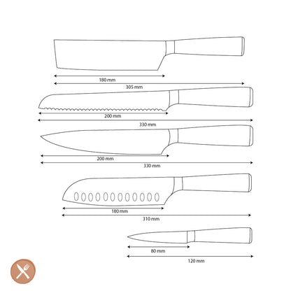 Shinrai Knives - Damascus Print Epoxy Onyx 5-piece Knife Set - Chef's Knife + Bread Knife + Nakiri + Santoku + Paring Knife