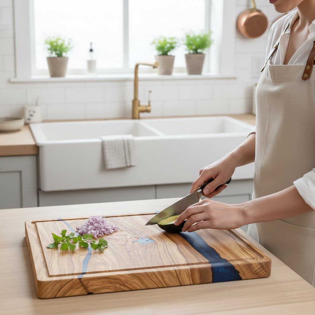 Shinrai Japan - Planche à découper époxy saphir bois d&#39;acacia - 40 x 30 x 3 cm