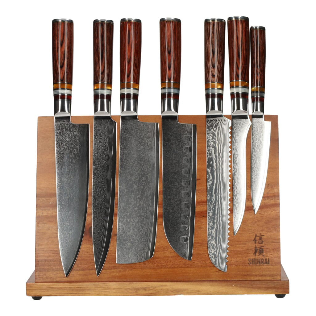 Shinrai Knives - Micarta Jewels 7-Piece Damascus Knife Set + Magnetic Knife Block Single-Edged
