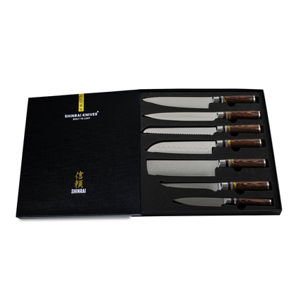 Shinrai Knives - Micarta Jewels 7-Piece Damascus Knife Set + Magnetic Knife Block Single-Edged