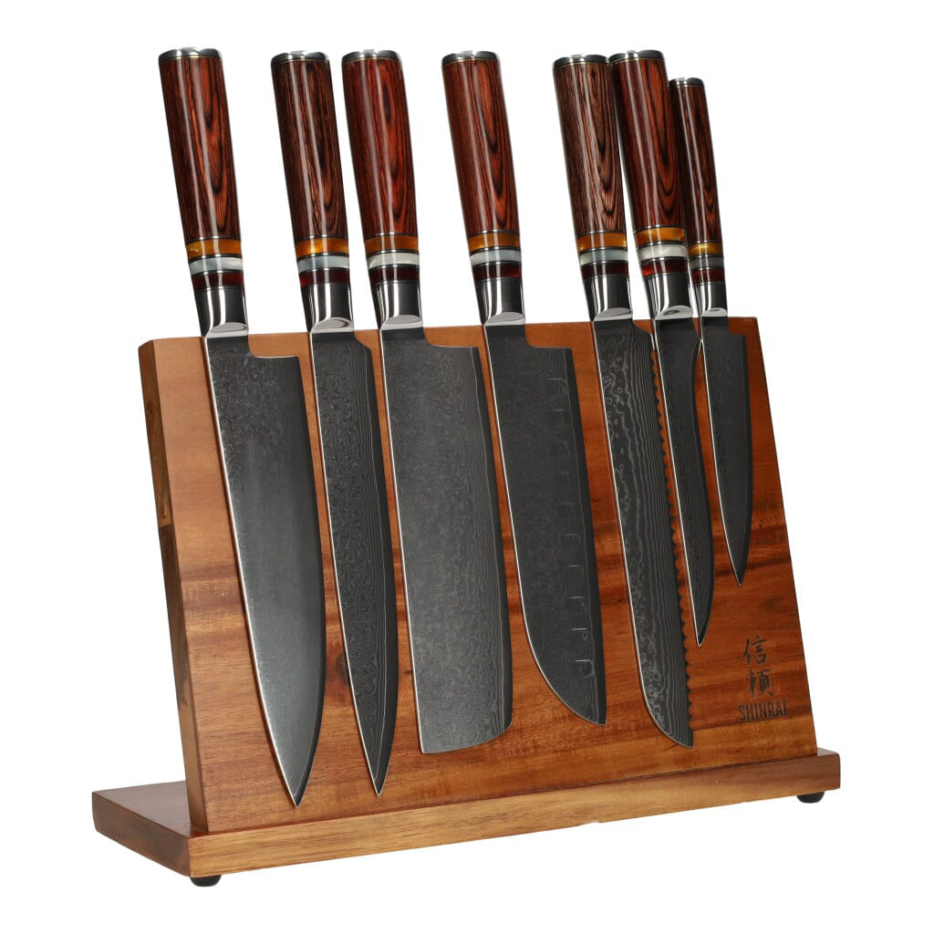 Shinrai Knives - Micarta Jewels 7-Piece Damascus Knife Set + Magnetic Knife Block Single-Edged