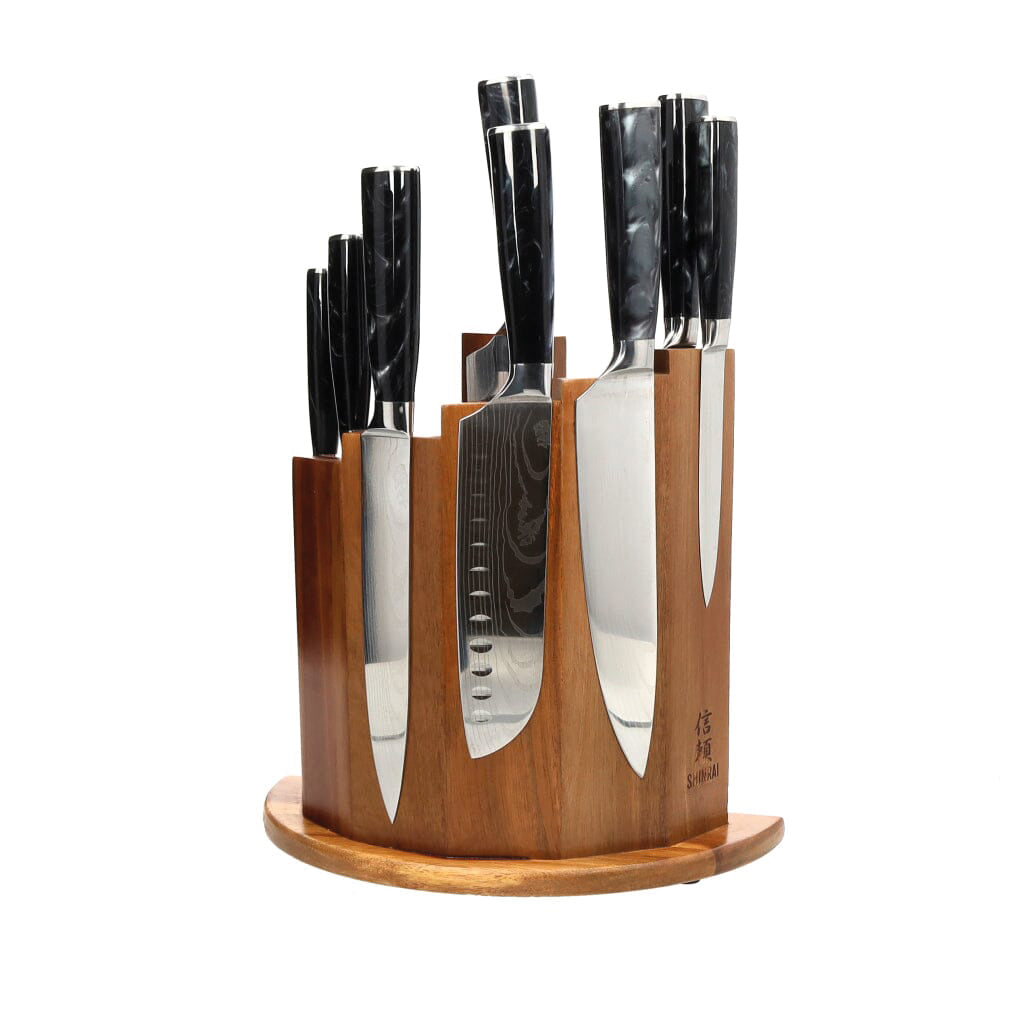 Shinrai Knives - Damascus Print Onyx Epoxy 9-piece Knife Set + Magnetic Knife Block Scalae - Acacia wood