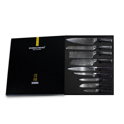 Shinrai Knives - Damascus Print Onyx Epoxy 9-piece Knife Set + Magnetic Knife Block Scalae - Acacia wood