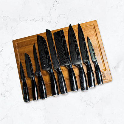 Shinrai Knives - Damascus Print Onyx Epoxy 9-piece Knife Set + Magnetic Knife Block Scalae - Acacia wood