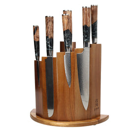 Shinrai Knives - Epoxy Onyx 6-piece Damascus Knife Set + Magnetic Knife Block Scalae - Acacia wood