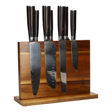 Damascus print 7-piece Knife Set + Magnetic Knife Block Double-sided