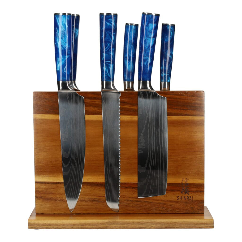 Epoxy Sapphire Damascus Print 6-piece Knife Set + Acacia holder double-sided