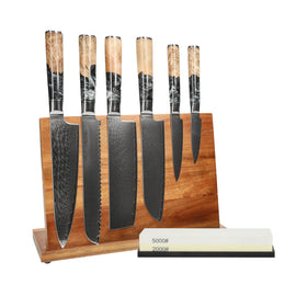 Shinrai Knives - Coffret de 6 couteaux en époxy onyx + bloc à couteaux + pierre à aiguiser