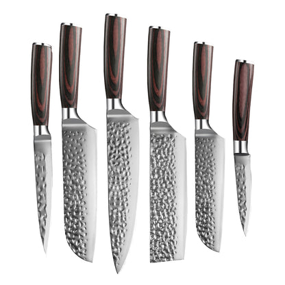 Couteaux Shinrai - Ensemble de 6 couteaux en acier inoxydable martelé + bloc à couteaux + pierre à aiguiser