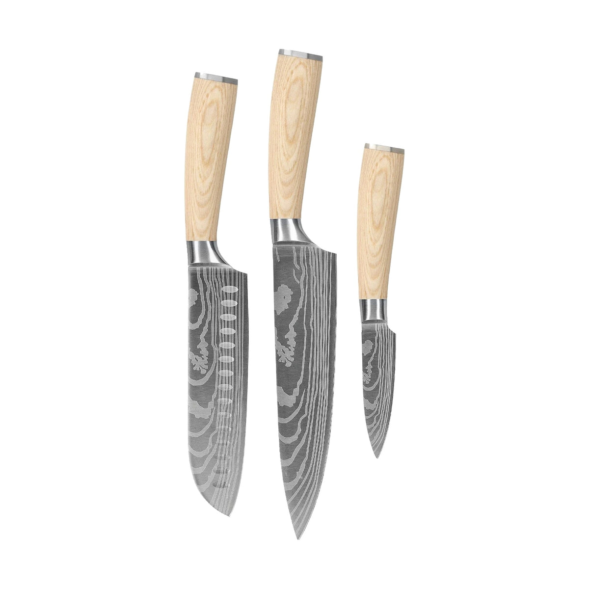 Shinrai Knives - Akari Damascus Print 3-piece set - Chef's Knife + Santoku + Paring Knife