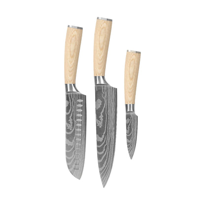 Shinrai Knives - Akari Damascus Print 3-piece set - Chef's Knife + Santoku + Paring Knife